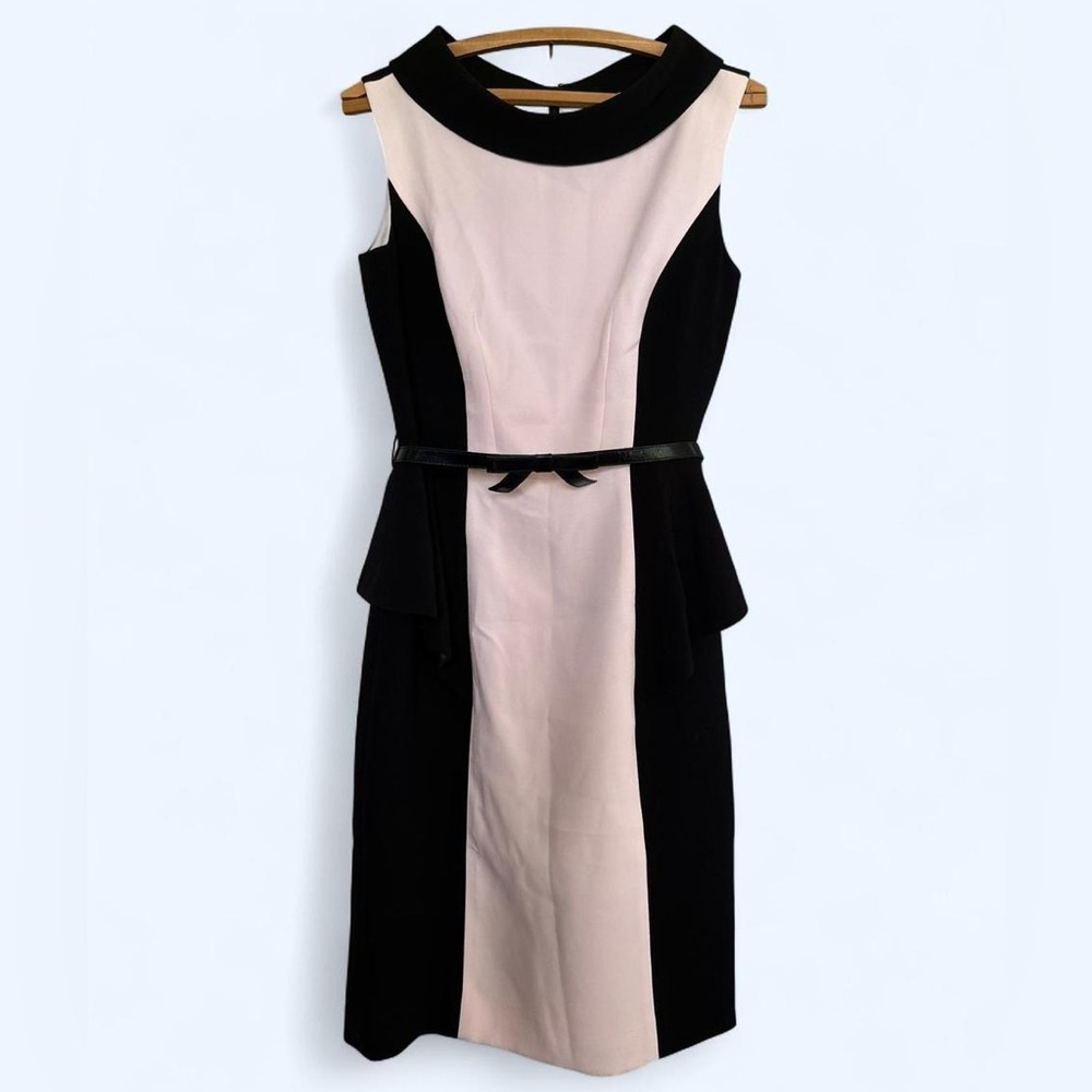 Teri Jon Rickie Freeman black and pink color block boat neck pencil dress Size 8